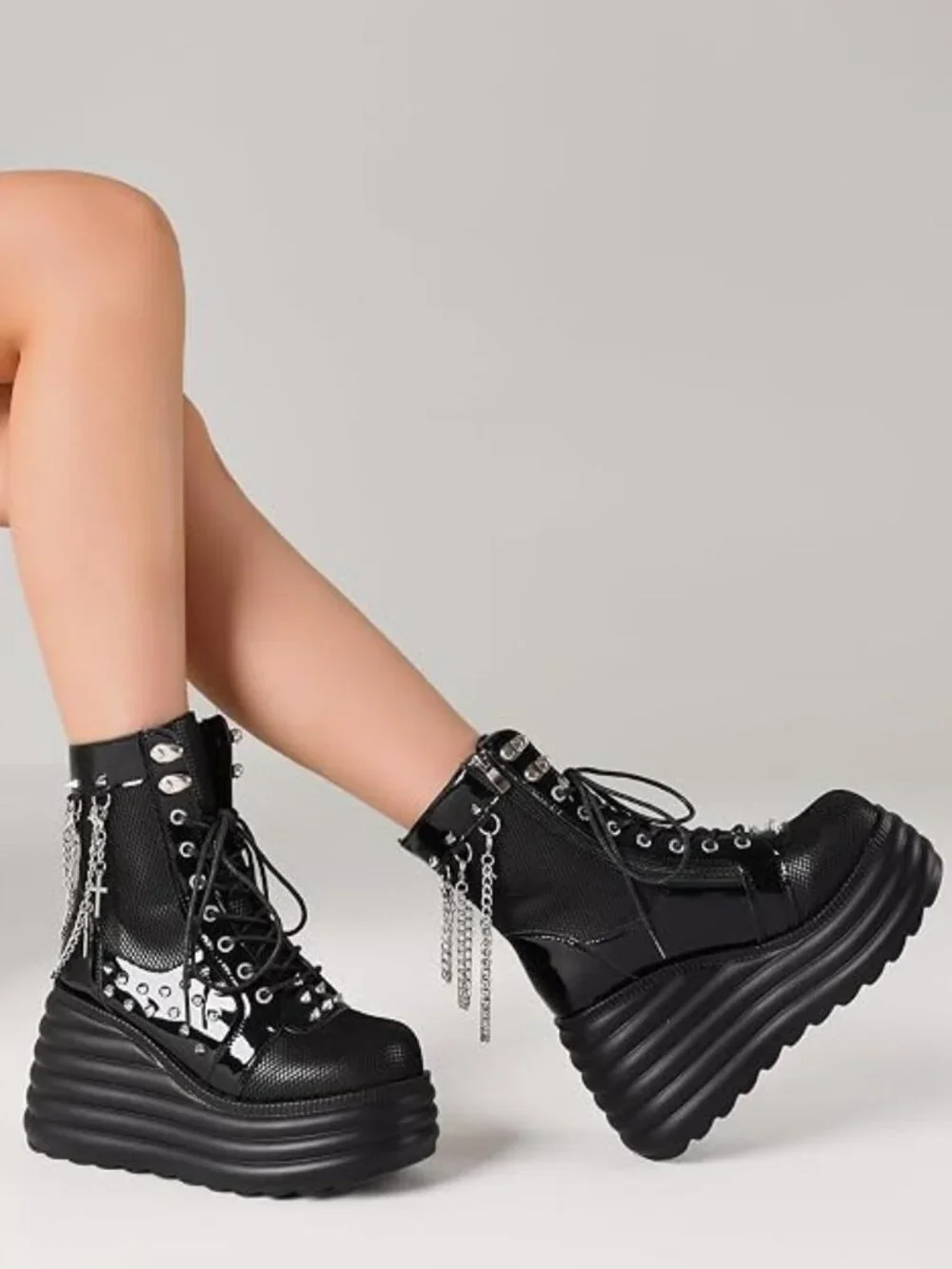 NIB Black Platform Goth Combat Boots Mesh Studded Punk Rave Ankle Booties